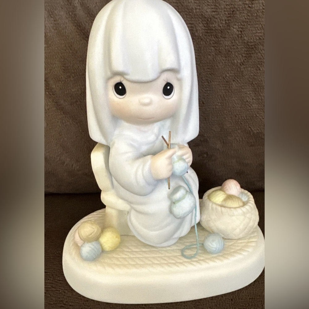 Precious Moments White and Pastel Knitting Figurine